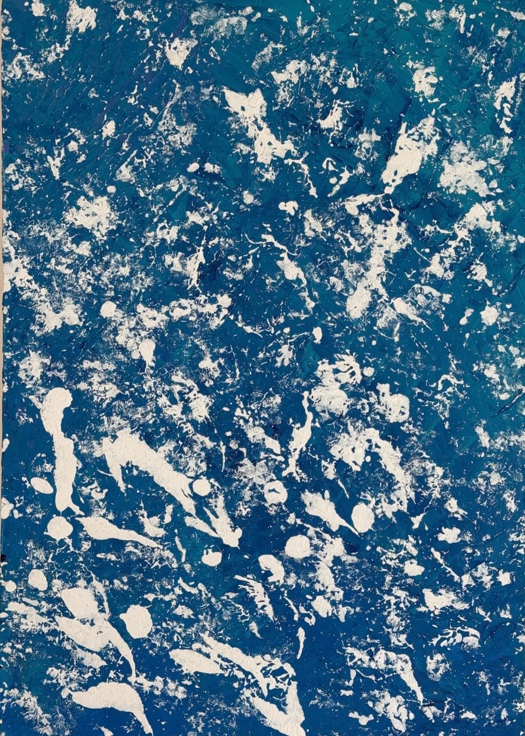 Deep blue ground scattered with white drips, splashes and impasto marks.