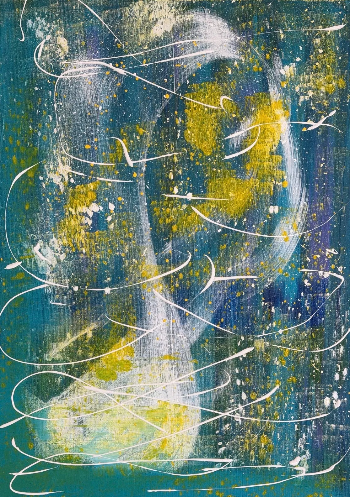 Teal ground with a broad white arc, yellow-green glow and thin white looping lines.